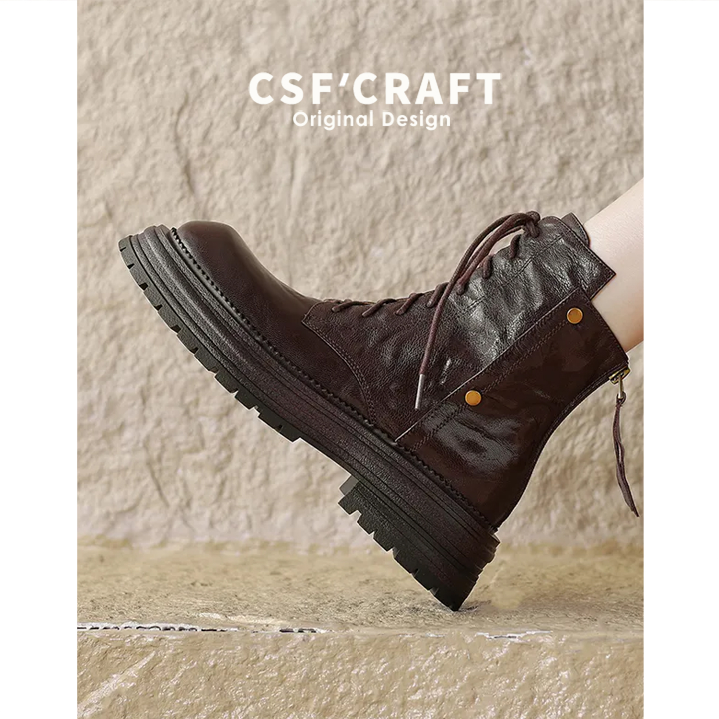 巨好穿2025秋冬新款小羊皮厚底系带英伦风马丁靴女棕色加绒短靴子主图