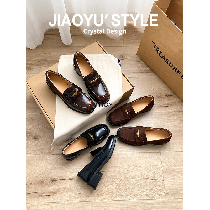 真皮~骄屿复古金属扣乐福鞋新款学院风粗跟小皮鞋英伦风百搭单鞋主图