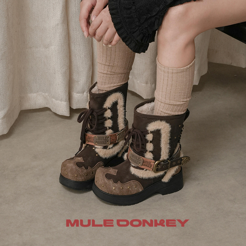 多嘴驴Donkey西部靴女冬季复古美拉德马丁靴厚底加绒保暖增高短靴主图
