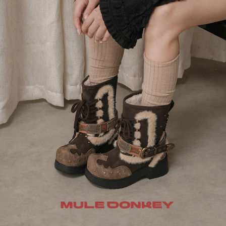 多嘴驴Donkey西部靴女冬季复古美拉德马丁靴厚底加绒保暖增高短靴