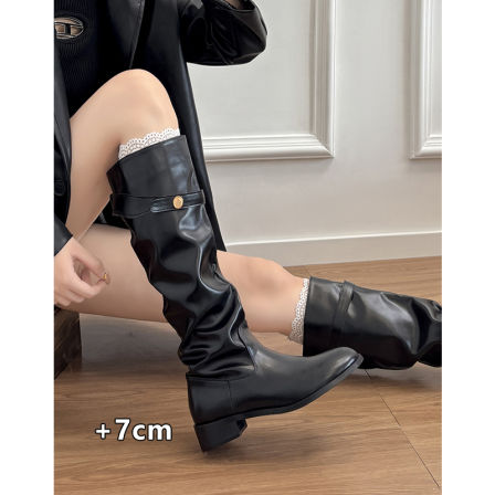 羊皮版~真皮小个子内增高7cm长靴女金币韩版显瘦不过膝高筒骑士靴