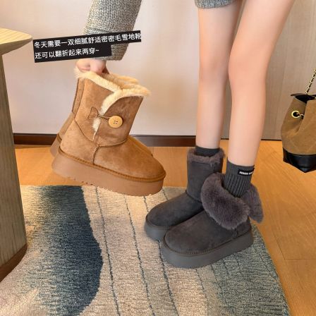 伯爵猫翻边毛毛厚底雪地靴女2025冬季灰色加绒加厚保暖棉鞋短靴子