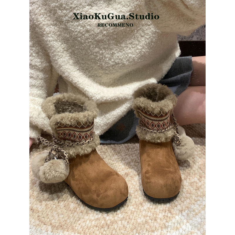 费尔岛毛绒雪地靴女2025新款冬季加绒保暖棉鞋毛球两穿内增高短靴主图