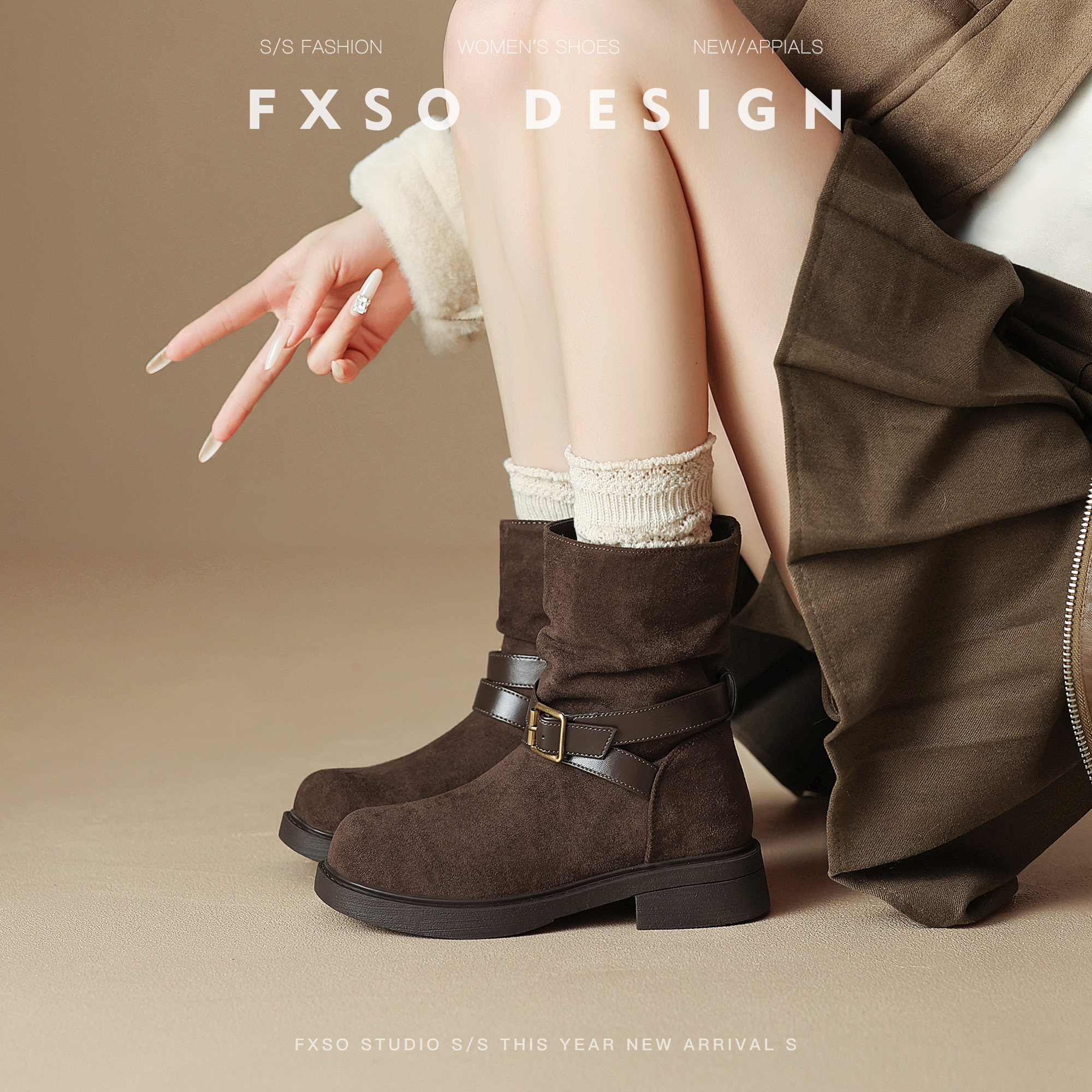 真皮FXSO方巷2025秋冬新款皮带扣圆头马丁靴女小个子厚底短筒靴女主图