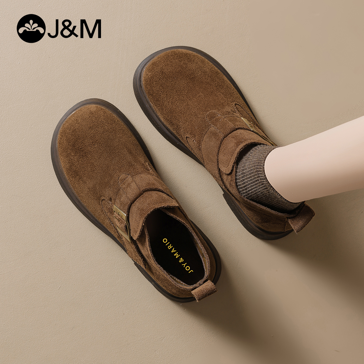 J＆M/快乐玛丽厚底耐磨复古勃肯鞋2025冬季新款加绒舒适休闲女鞋主图