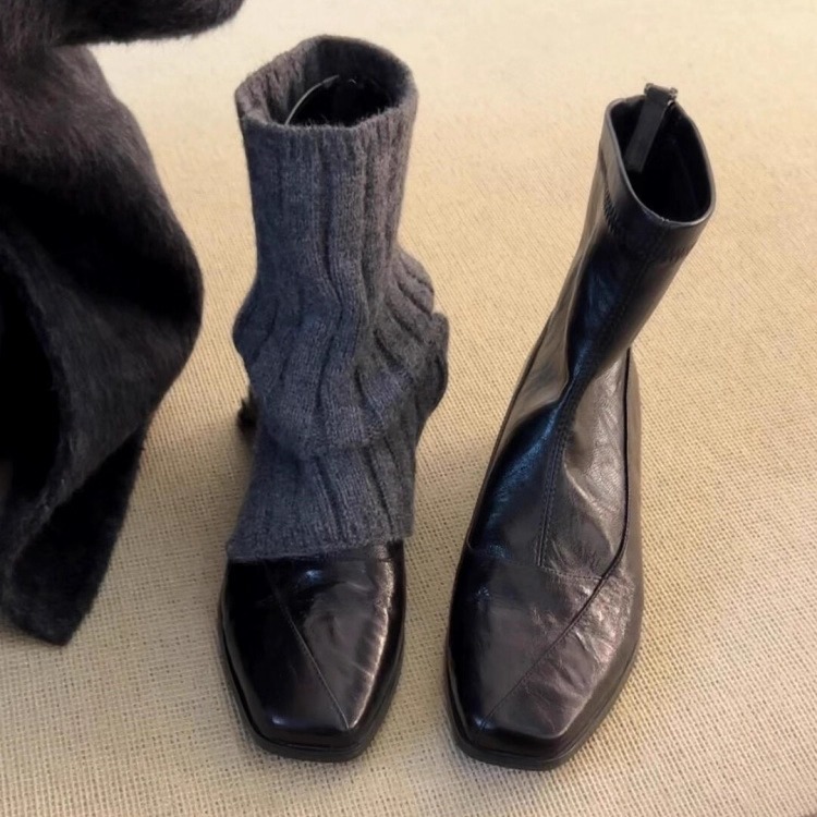羊皮版~小众设计方头粗跟短靴女2025显瘦后拉链通勤平跟弹力靴子主图