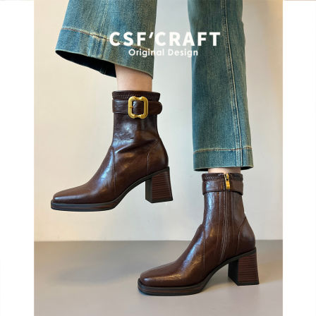 牛皮版~方头粗跟短靴女2025秋冬新款百搭瘦瘦靴子气质高跟马丁靴