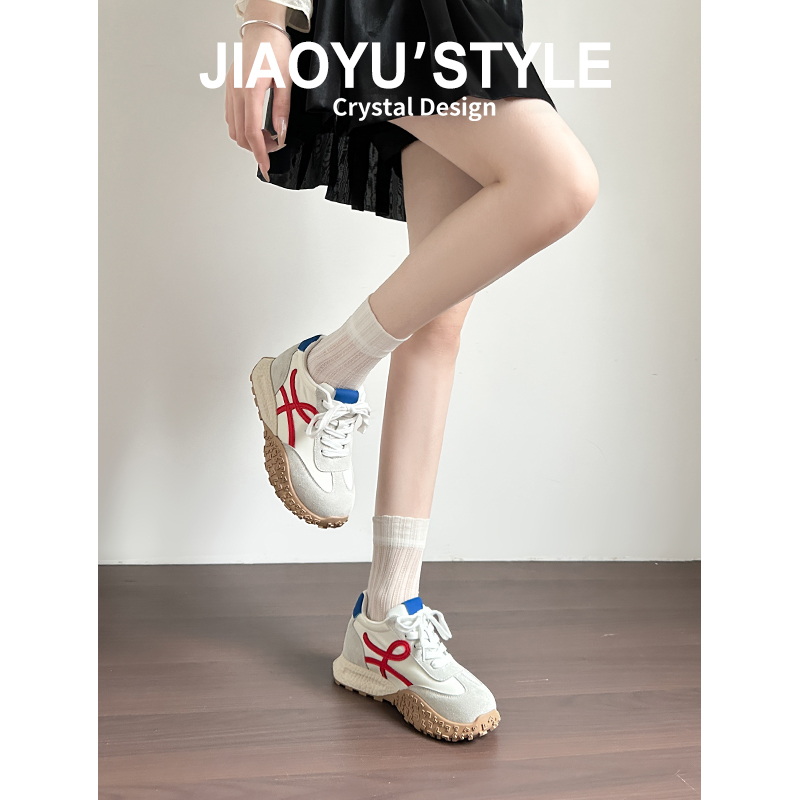 真皮~骄屿7CM厚底内增高德训鞋女2025秋冬新款加绒休闲运动阿甘鞋主图