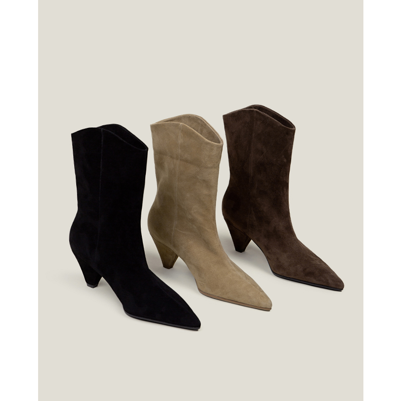 【鞋匠女王×原创设计】磨砂羊皮法式复古粗跟尖头短靴宽筒靴子主图