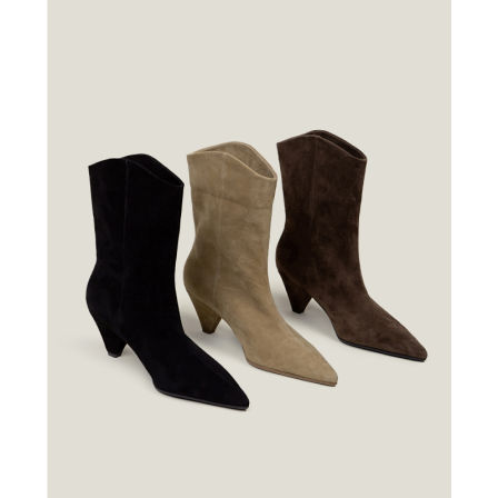 【鞋匠女王×原创设计】磨砂羊皮法式复古粗跟尖头短靴宽筒靴子