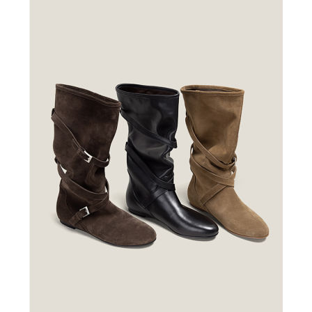 【鞋匠女王×时髦松弛】高丝光牛反绒内增高褶皱长靴不过膝高筒靴