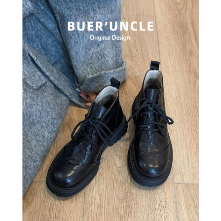 羊皮版~黑色马丁靴女2025秋冬新款厚底系带加绒短靴英伦风靴子女