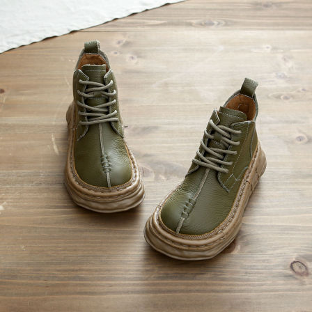 森女系复古文艺牛皮马丁靴厚底防滑保暖系带短靴手工显瘦大头靴子