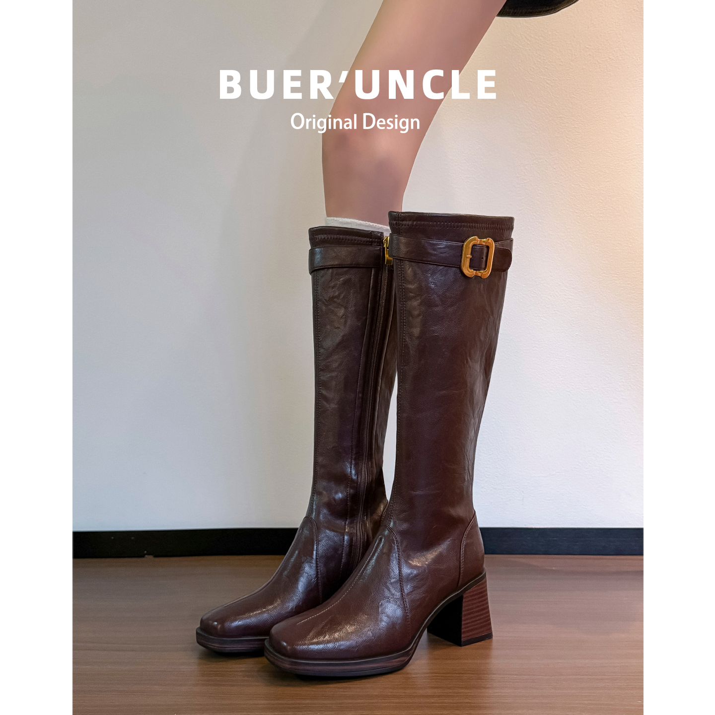 真皮版！高跟长筒靴女2025款冬季粗跟美拉德不过膝高筒长靴骑士靴主图