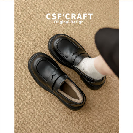 牛皮版~厚底加绒乐福鞋女2025新款秋冬通勤一脚蹬JK小皮鞋配裙子