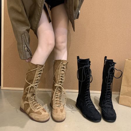 磨砂皮复古小众德训长筒靴女不过膝秋冬新款侧拉链厚底高筒骑士靴