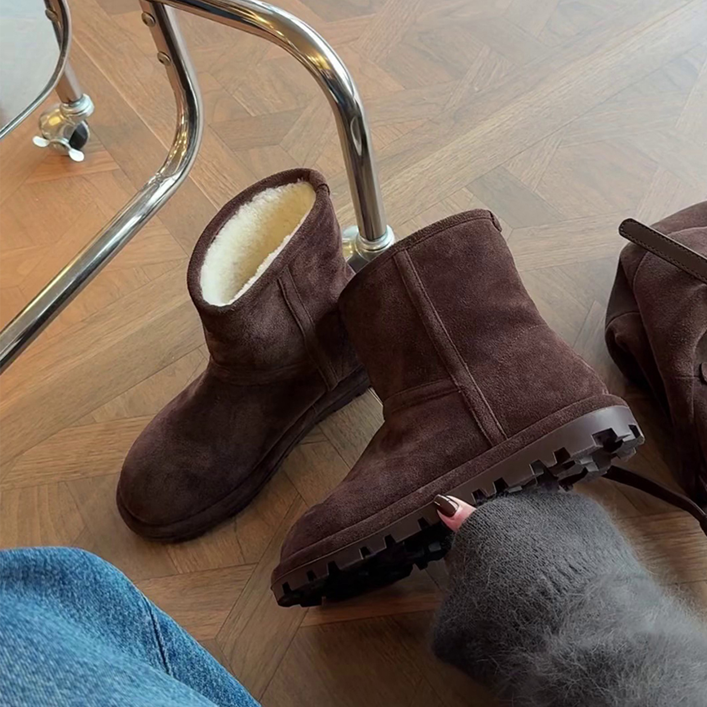 牛皮版~复古圆头加绒加厚雪地靴翻折两穿毛毛靴女保暖厚底短筒靴主图