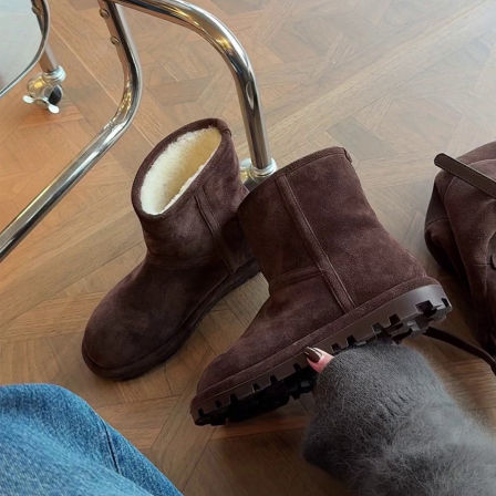 牛皮版~复古圆头加绒加厚雪地靴翻折两穿毛毛靴女保暖厚底短筒靴