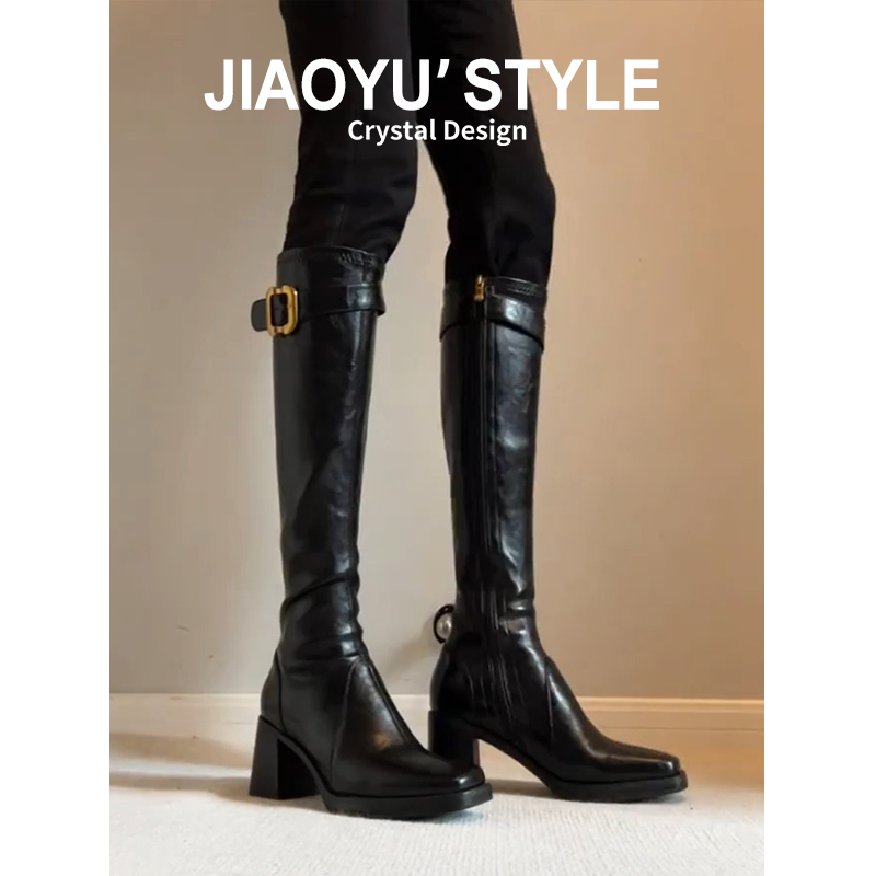 真皮~骄屿辣妹风高跟长筒靴女皮带扣方头不过膝长靴子秋冬骑士靴主图
