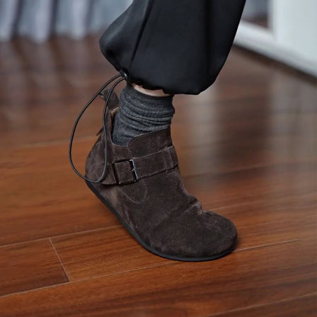 牛皮版~复古磨砂平底小短靴侧拉链皮带扣加绒勃肯靴女百搭马丁靴