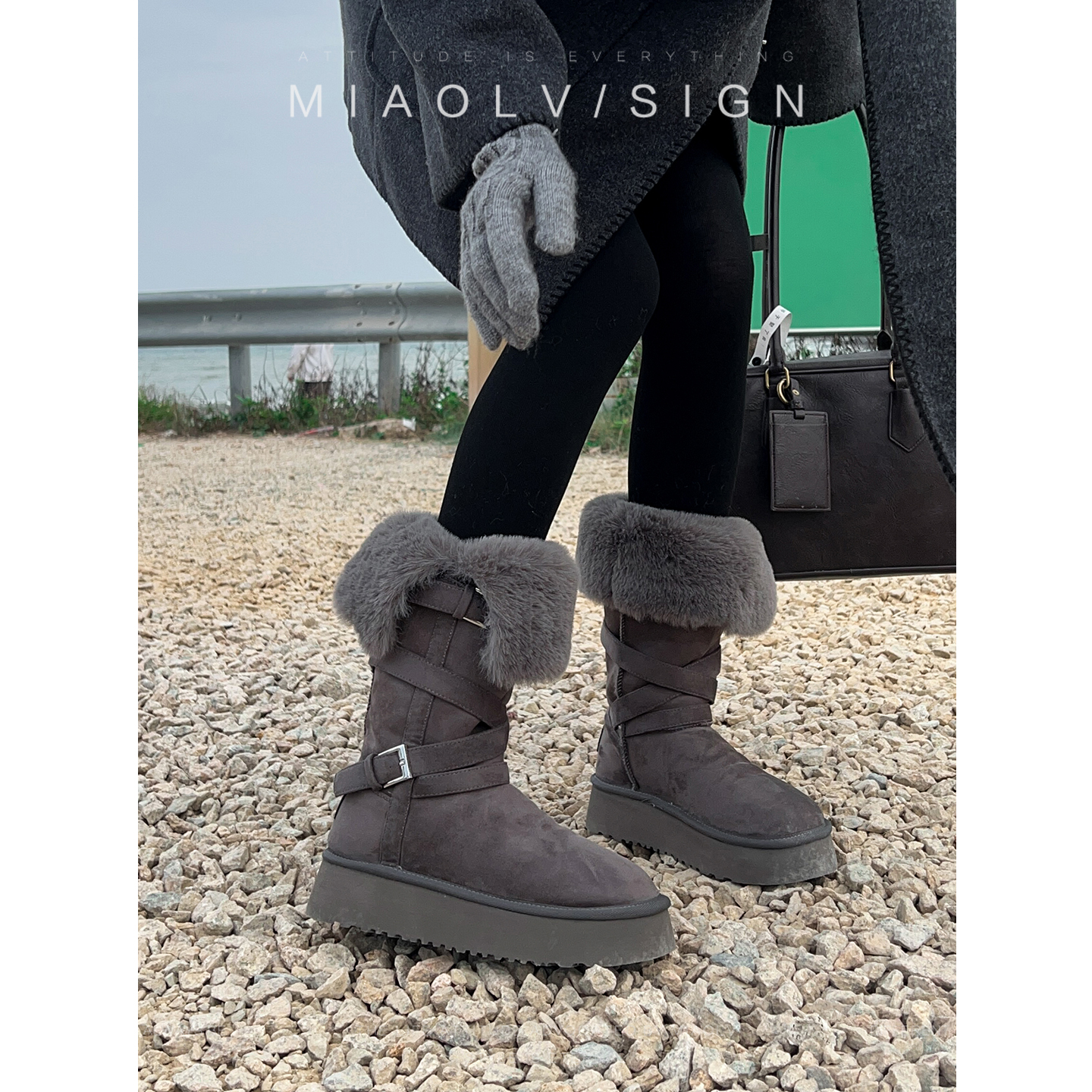 「妙侣」北境暖冬~仿羊羔毛厚底雪地靴女款冬季翻边加绒长筒棉靴主图