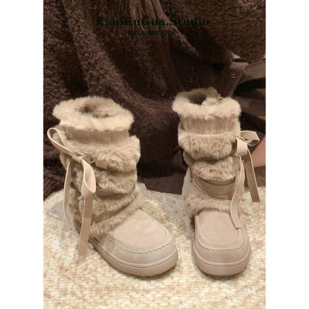 毛毛绑带雪地靴女款2025新款冬季短靴加绒加厚中筒靴保暖雪地棉鞋