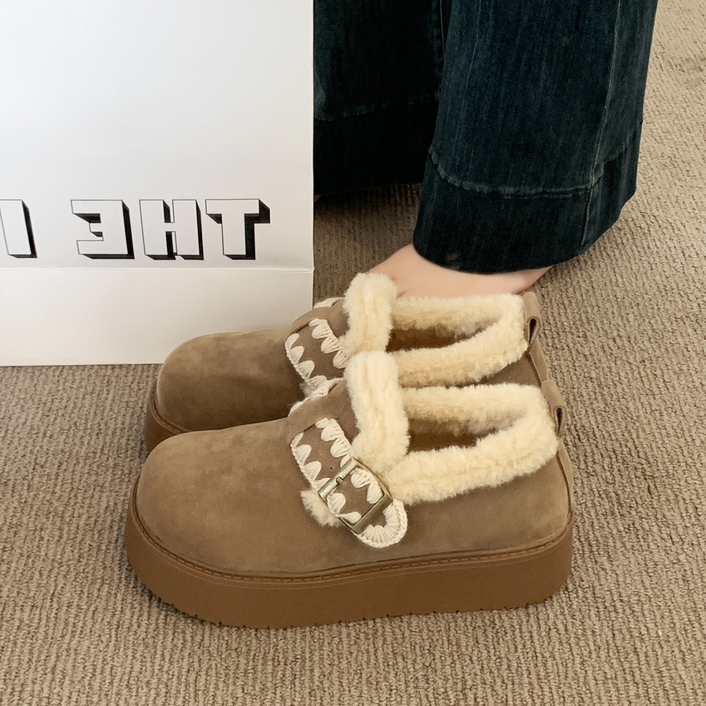 厚底勃肯鞋女鞋子2025新款冬季加绒面包鞋外穿毛毛棉鞋保暖雪地靴主图