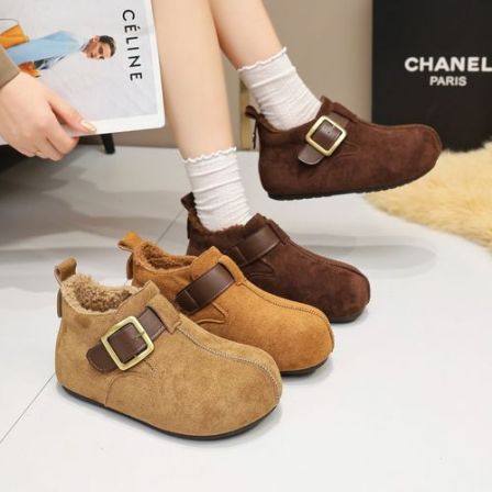 2025秋冬新款磨砂真皮大头勃肯鞋女休闲复古加绒保暖厚底懒人鞋