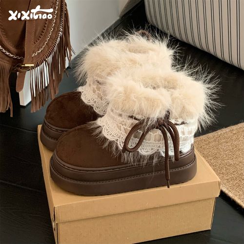 细细条 费尔岛毛毛雪地靴女冬季百搭增高厚底加绒保暖短靴子棉鞋主图