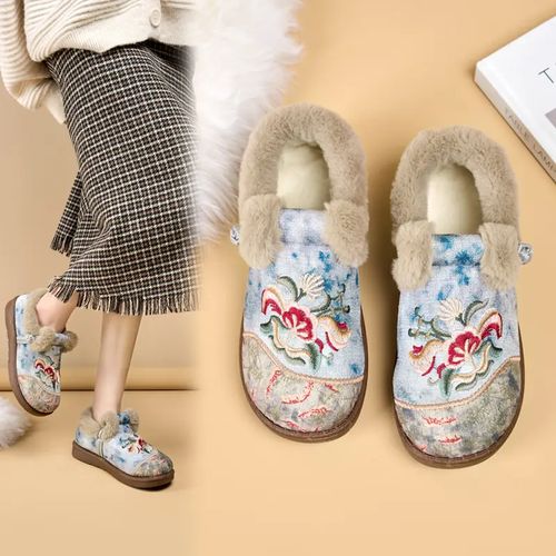2025绵羊毛冬季老北京棉鞋女加绒加厚保暖妈妈鞋一脚蹬厚底绣花鞋主图