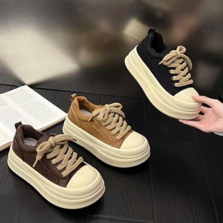 韩式真皮加绒面包鞋女厚底百搭松糕板鞋2025秋季软底轻便888-10