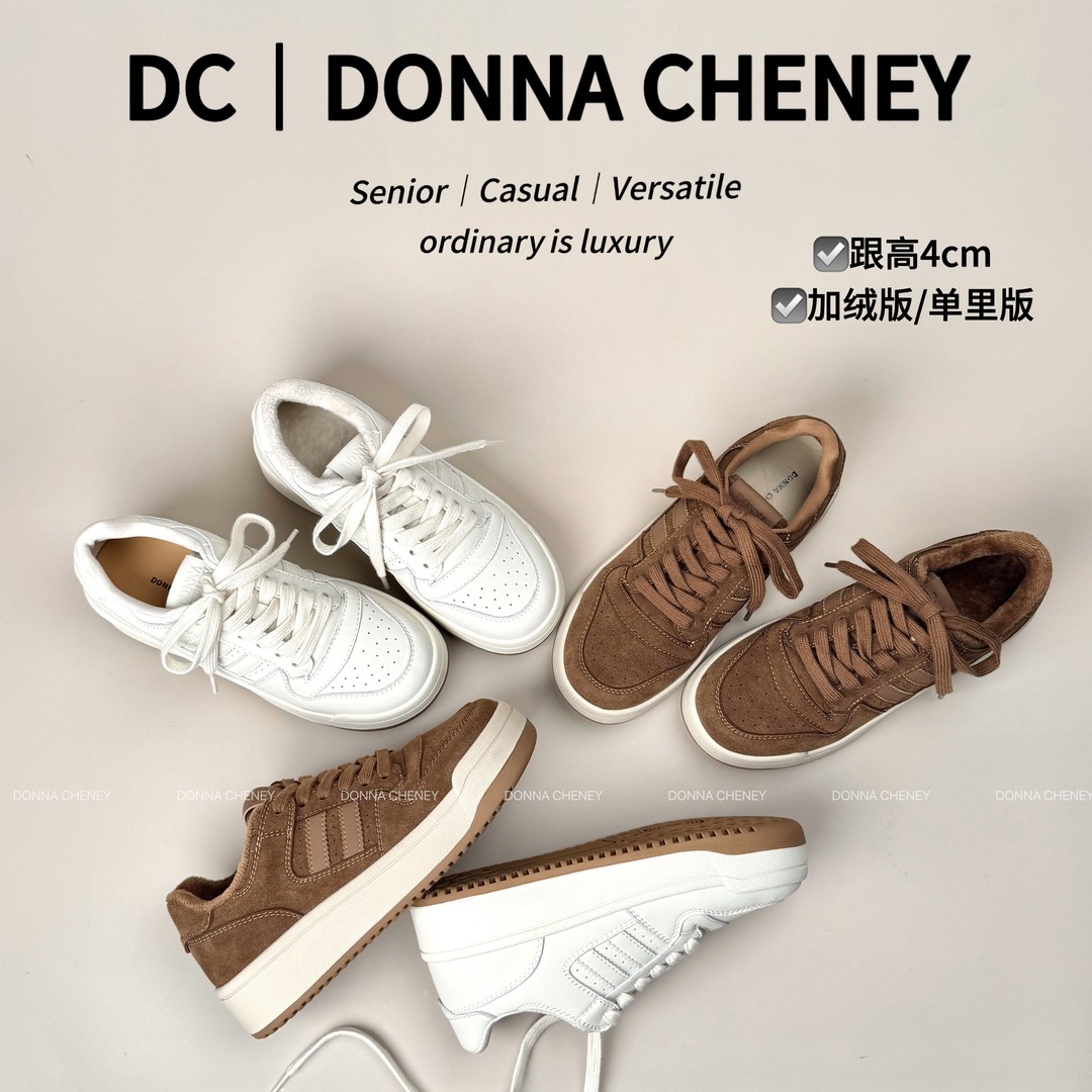 DONNA CHENEY经典小白鞋2025秋冬真皮加绒百搭休闲厚底防滑板鞋主图