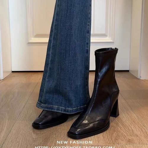 羊皮韩版高跟瘦瘦靴女粗跟复古马丁靴2025爆款洋气英伦风冬季短靴主图