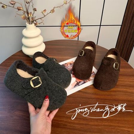 内增高勃肯鞋女厚底毛呢加绒棉鞋2025冬季新款一脚蹬乐福博肯鞋女