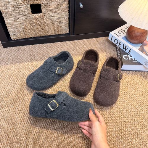 3cm复古圆头毛毡加绒勃肯鞋女加绒秋冬季一脚蹬保暖棉鞋毛呢博肯主图