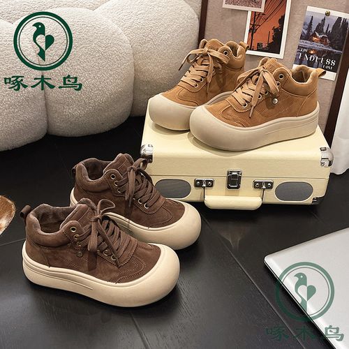 【啄木鸟091】厚款冬季加绒中跟印花皮高帮鞋秋冬高帮百搭软底主图