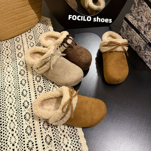 复古勃肯棉拖鞋女秋冬外穿2025新款加绒保暖蝴蝶结包头半拖毛毛鞋主图