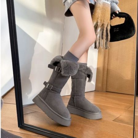 灰色长筒雪地靴女防滑保暖加厚加绒厚底靴子东北雪地棉鞋冬