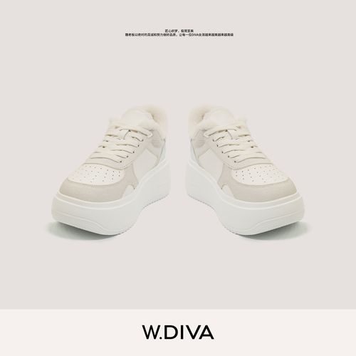 W.Diva【奶霜】秋冬百搭真皮厚底增高小白鞋毛毛休闲鞋54X093350主图