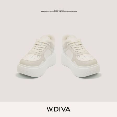 W.Diva【奶霜】秋冬百搭真皮厚底增高小白鞋毛毛休闲鞋54X093350