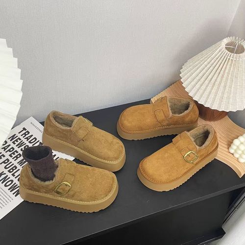 加绒5CM 勃肯鞋冬季新款真皮大头棉鞋女外穿一脚蹬厚底雪地靴增高主图