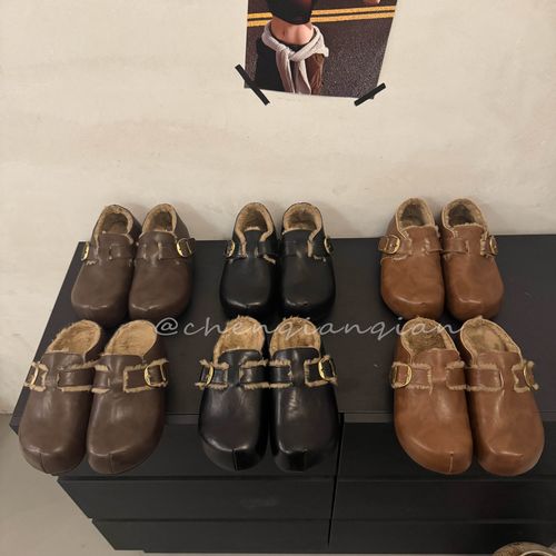 2025冬季新款5cm内增高厚底皮面博肯加绒保暖包头女外穿棉鞋懒人C主图