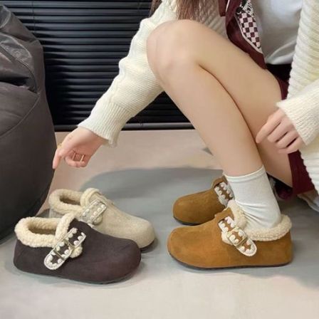 复古白色加绒加厚保暖平底棉鞋女2025新款冬季一脚蹬软底勃肯鞋子