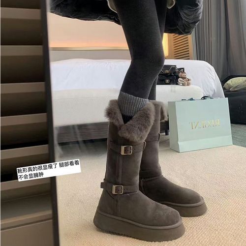灰色长筒雪地靴女2025冬季新款厚底中筒加绒东北棉鞋保暖高筒靴子主图