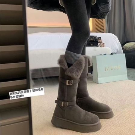 灰色长筒雪地靴女2025冬季新款厚底中筒加绒东北棉鞋保暖高筒靴子