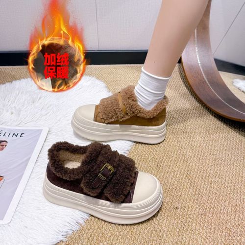 毛毛鞋女厚底圆头百搭魔术贴加绒加厚2025冬季新款休闲板鞋棉鞋女主图