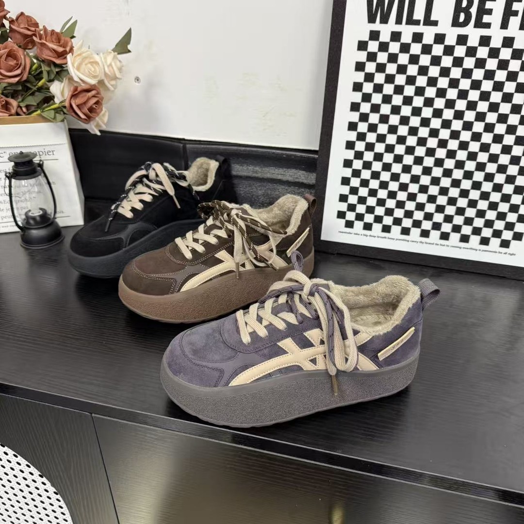 冬季新款时尚休闲女鞋潮流板鞋复古加绒保暖防滑冷粘1202-1//HMT主图