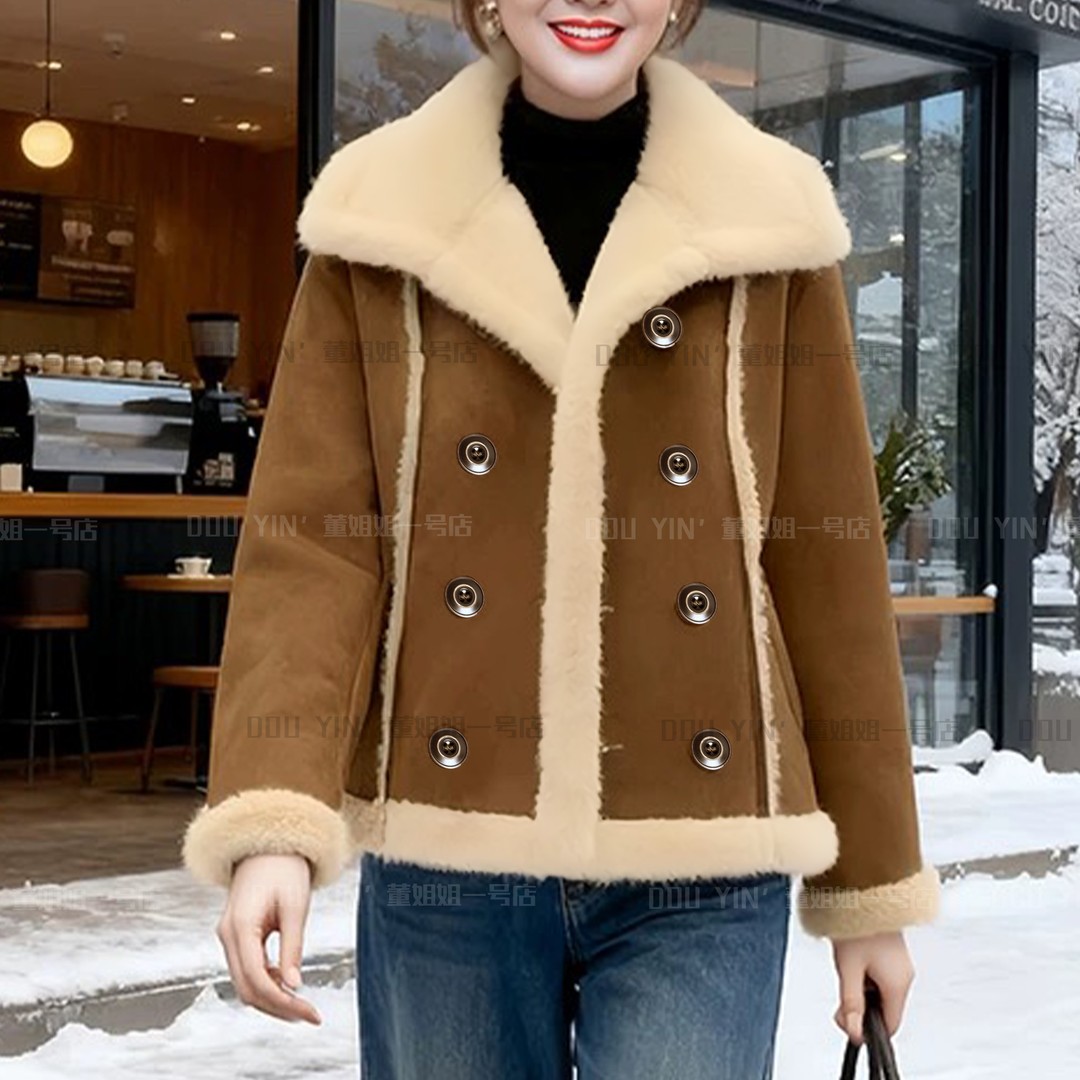 833冬款时尚休闲翻毛领双排扣外套主图
