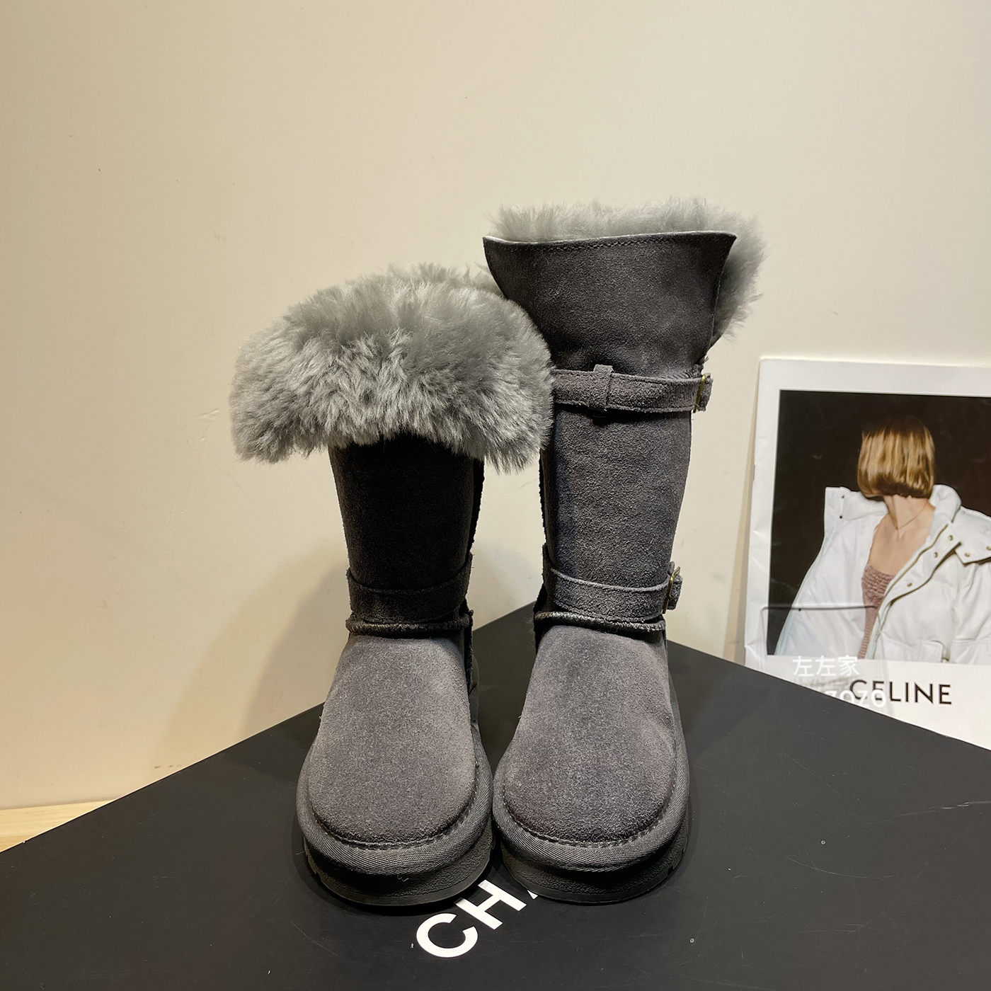 左左家中大童长筒加绒雪地靴2025秋冬新款儿童设计感带扣两穿靴子主图