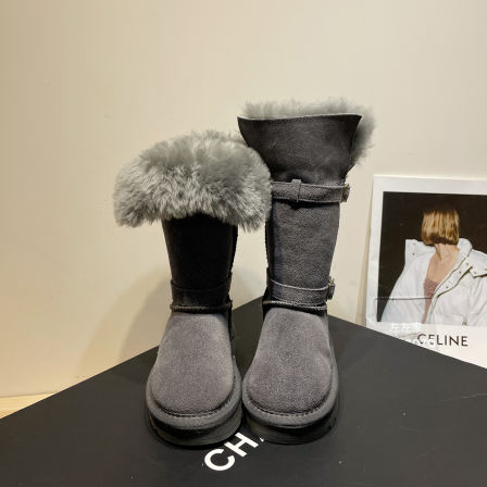 左左家中大童长筒加绒雪地靴2025秋冬新款儿童设计感带扣两穿靴子